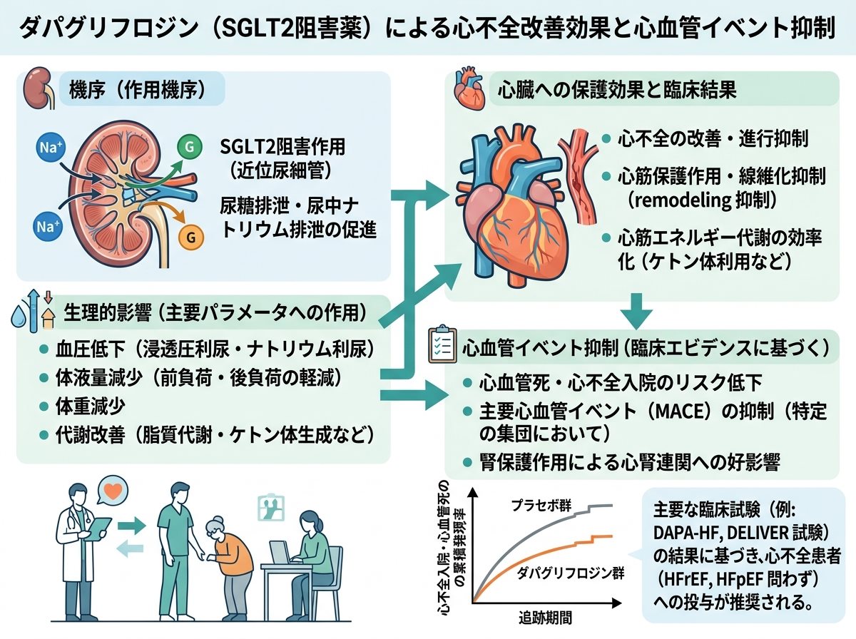 ダパグリフロジンの心不全改善効果と心血管イベント抑制