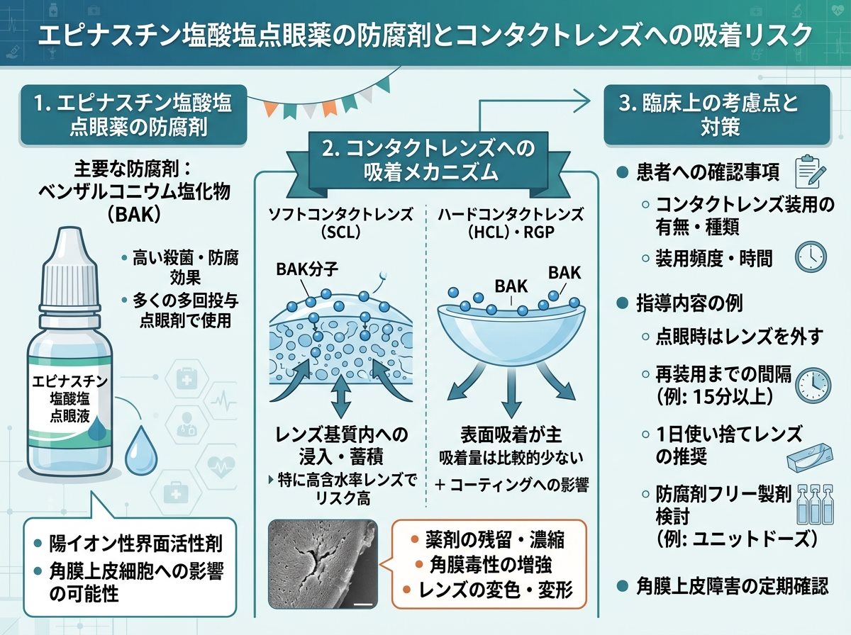 エピナスチン塩酸塩点眼薬の防腐剤は大丈夫？コンタクトレンズへの吸着リスク