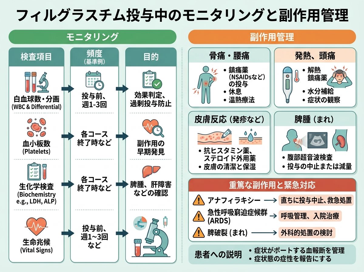フィルグラスチム投与中のモニタリングと副作用管理