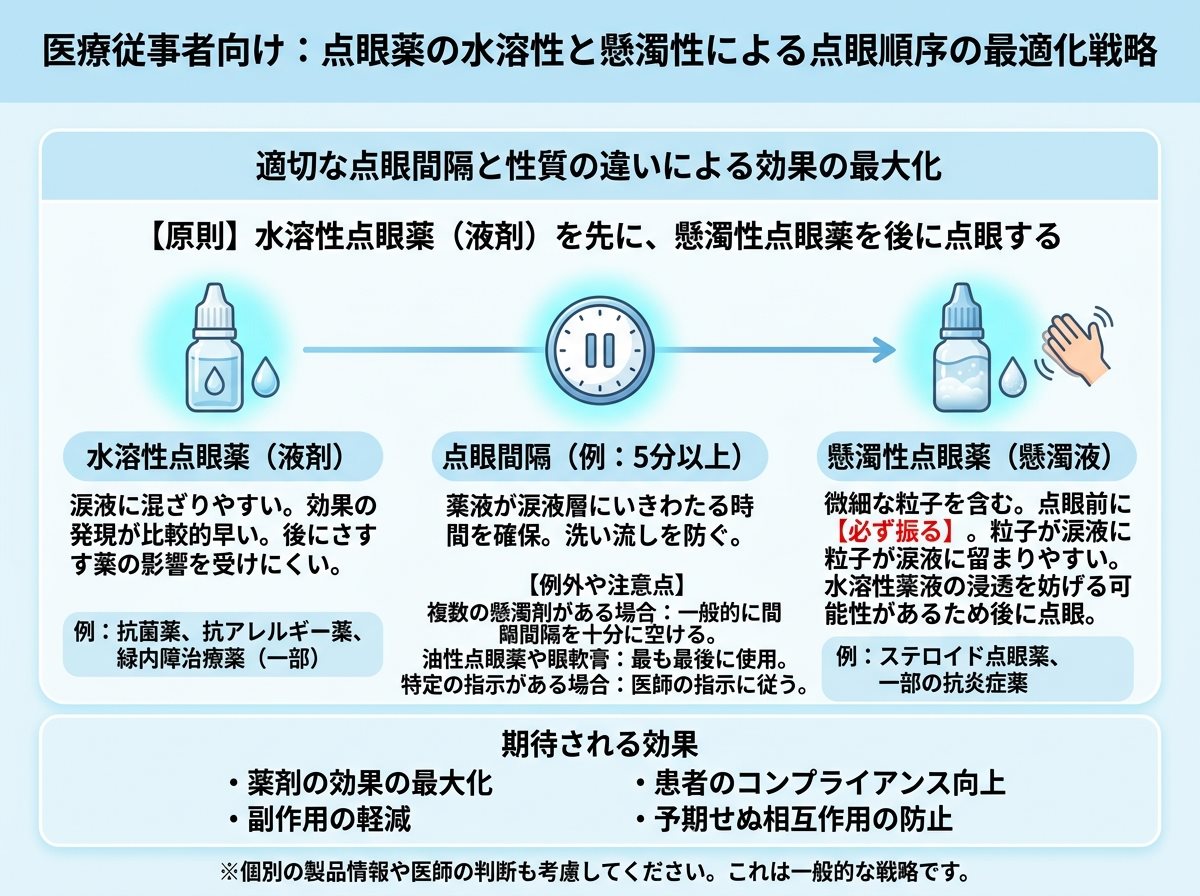 点眼薬の水溶性と懸濁性による点眼順序の最適化戦略