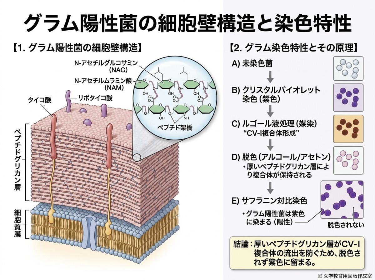グラム陽性菌の細胞壁構造と染色特性