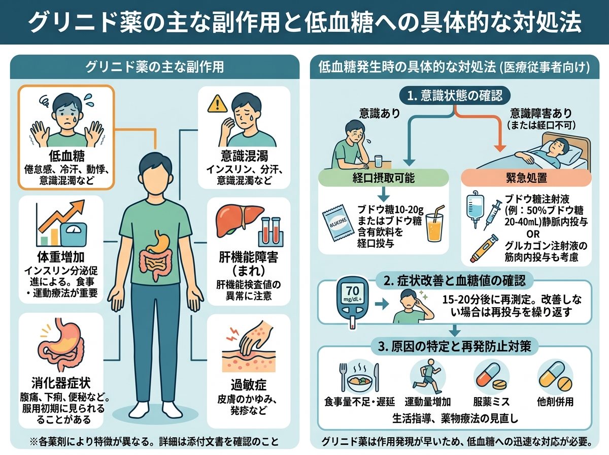 グリニド薬の主な副作用と低血糖への具体的な対処法