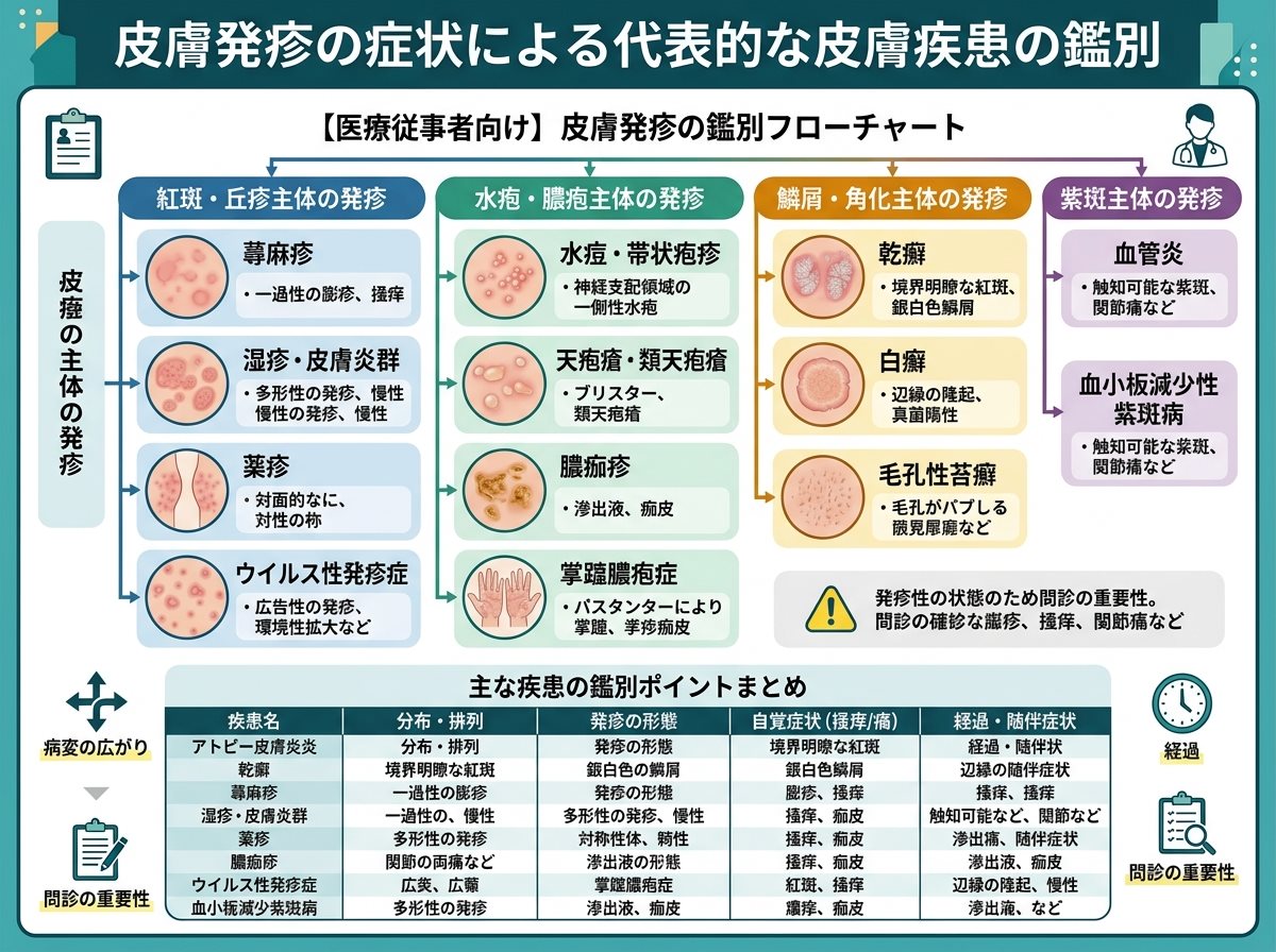 皮膚発疹の症状による代表的な皮膚疾患の鑑別