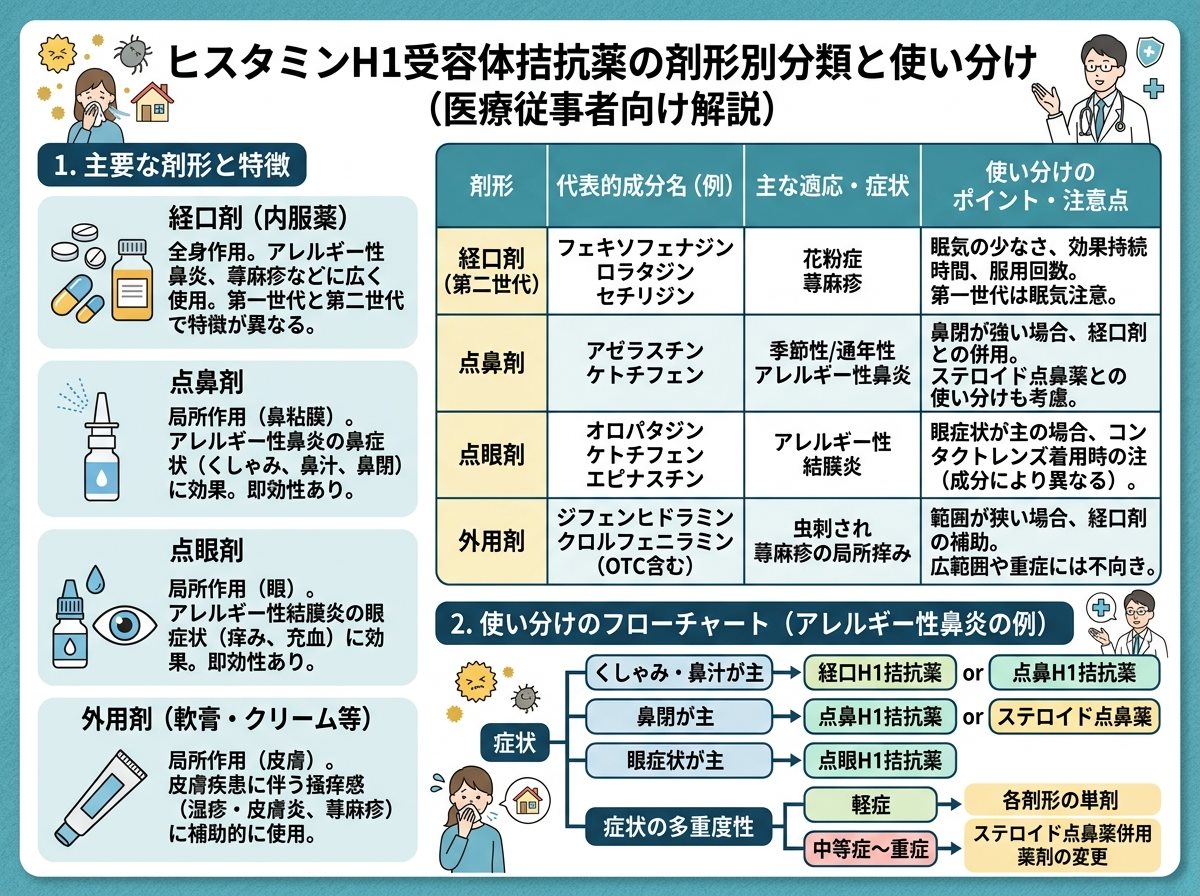 ヒスタミンh1受容体拮抗薬の剤形別分類と使い分け