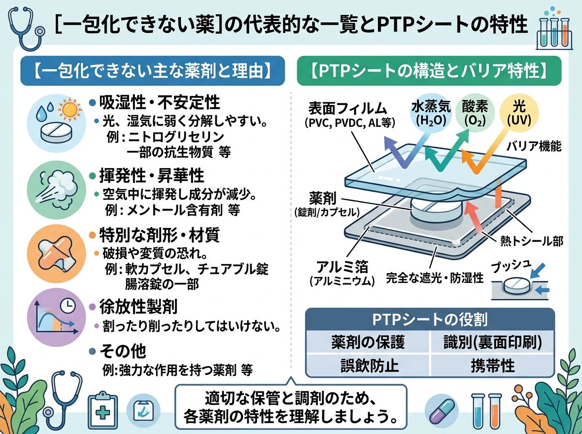 [一包化できない薬]の代表的な一覧とPTPシートの特性