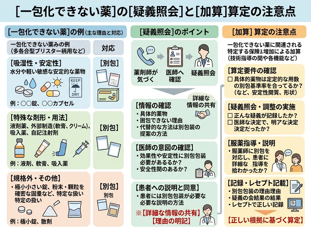 [一包化できない薬]の[疑義照会]と[加算]算定の注意点