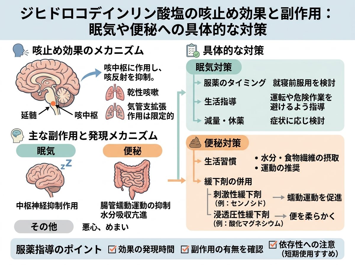 ジヒドロコデインリン酸塩の咳止め効果と副作用：眠気や便秘への具体的な対策