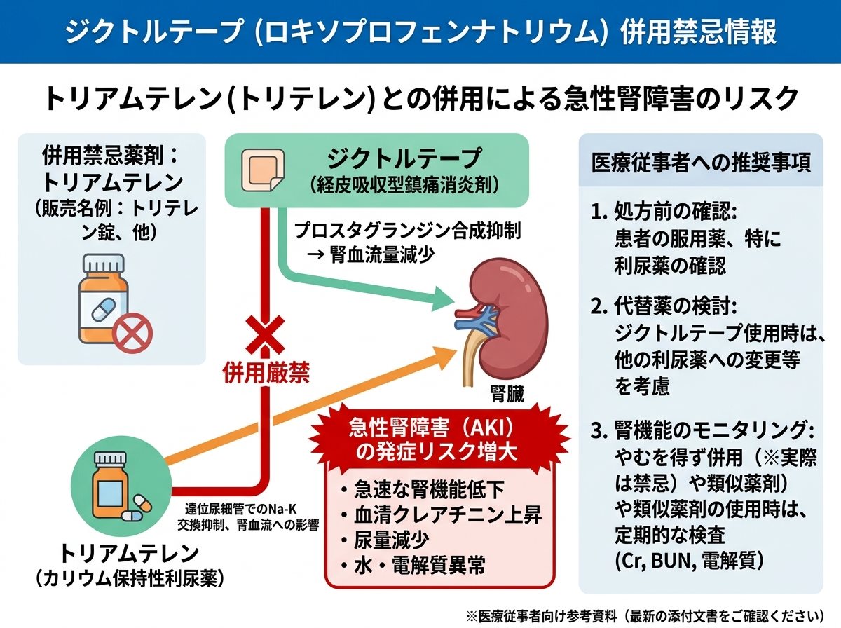 ジクトルテープの併用禁忌：トリアムテレン（トリテレン）と急性腎障害