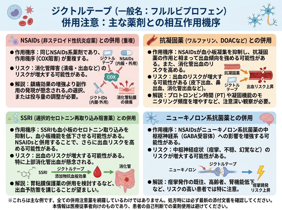 ジクトルテープの併用注意：NSAIDs重複・抗凝固薬・SSRI・ニューキノロン