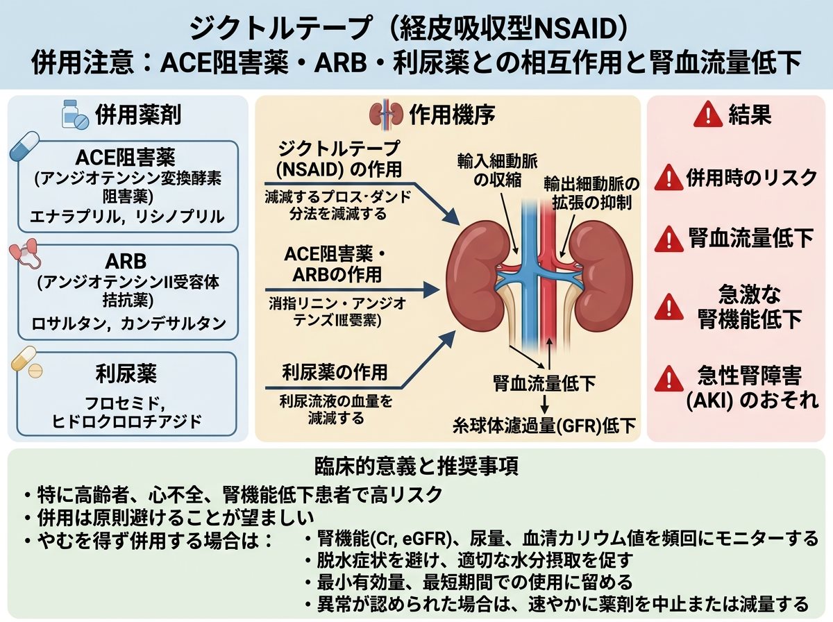 ジクトルテープの併用注意：ACE阻害薬・ARB・利尿薬と腎血流量低下