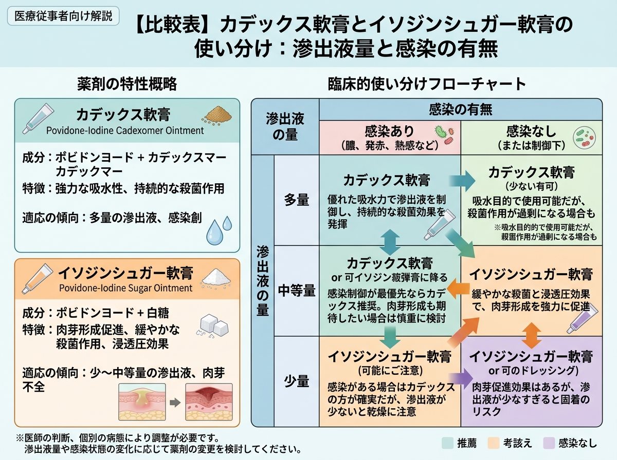 【比較表】カデックス軟膏とイソジンシュガー軟膏の使い分け：滲出液量と感染の有無