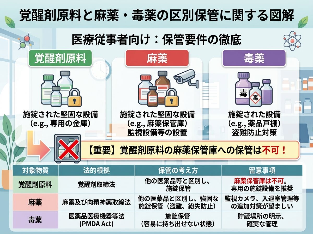 覚醒剤原料と麻薬・毒薬の区別保管（麻薬保管庫は不可）