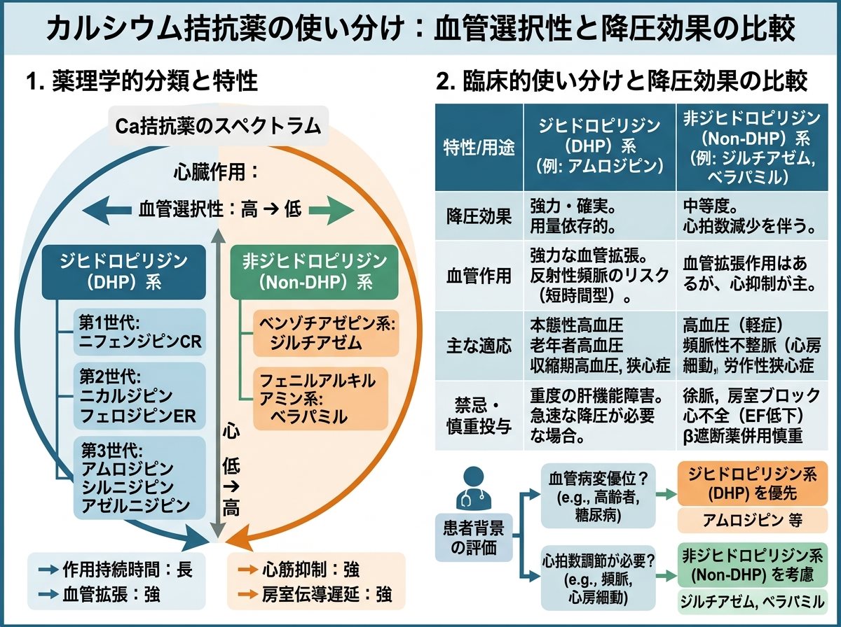 カルシウム拮抗薬の使い分け：血管選択性と降圧効果の比較