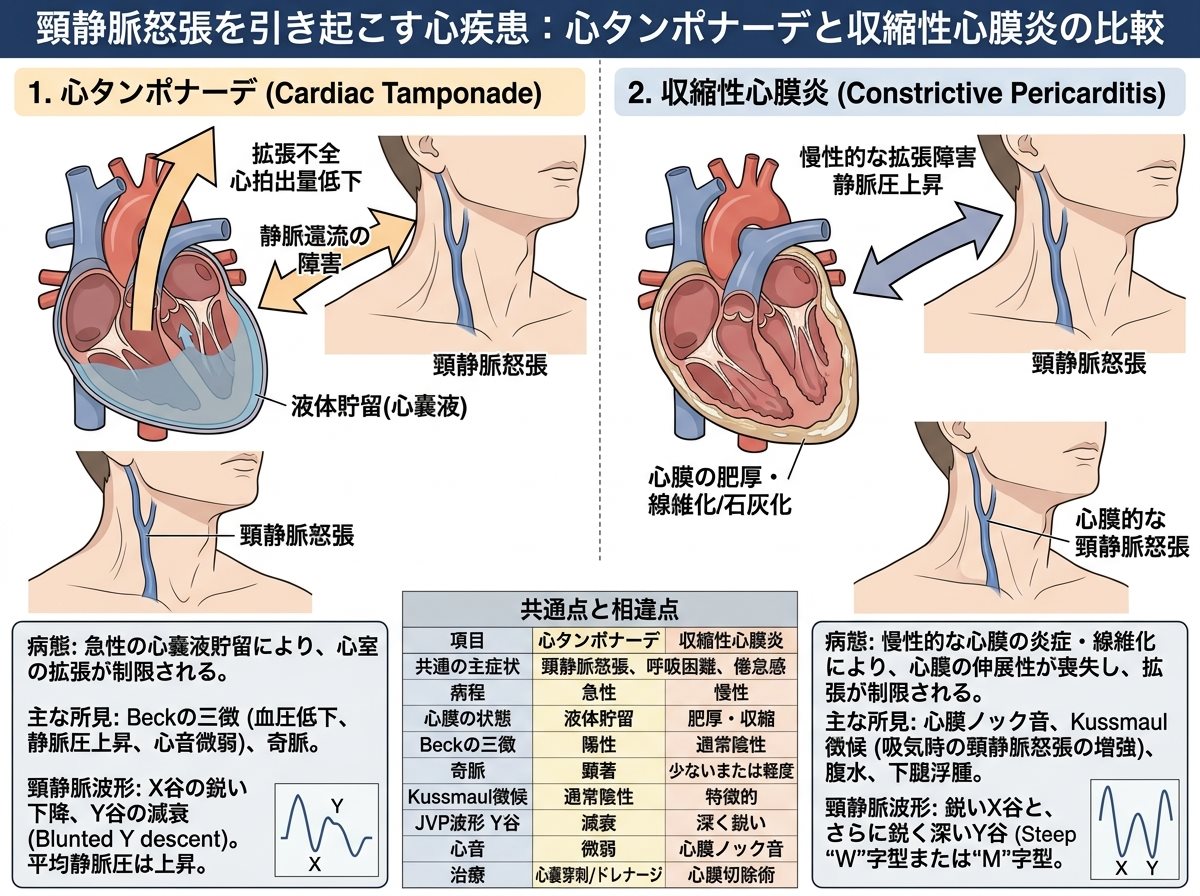 頸静脈怒張を引き起こす心タンポナーデと収縮性心膜炎