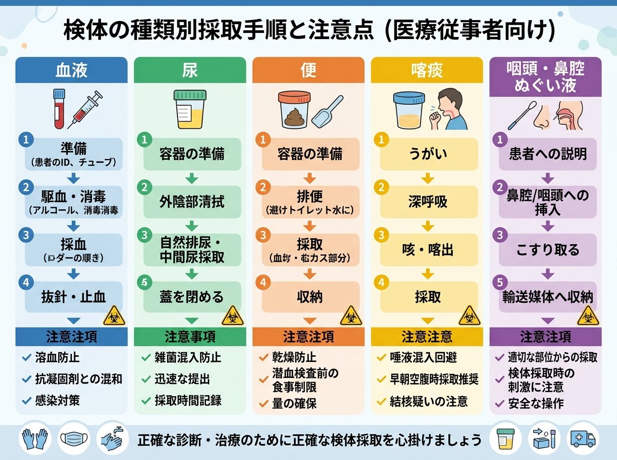 検体の種類別採取手順と注意点