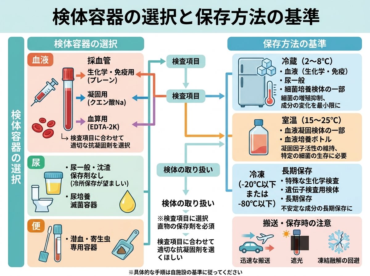 検体容器の選択と保存方法の基準