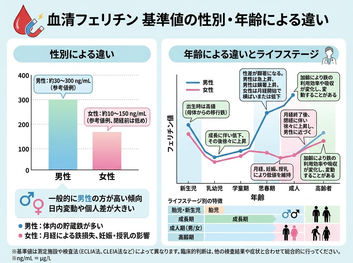 血清フェリチン 基準値の性別・年齢による違い