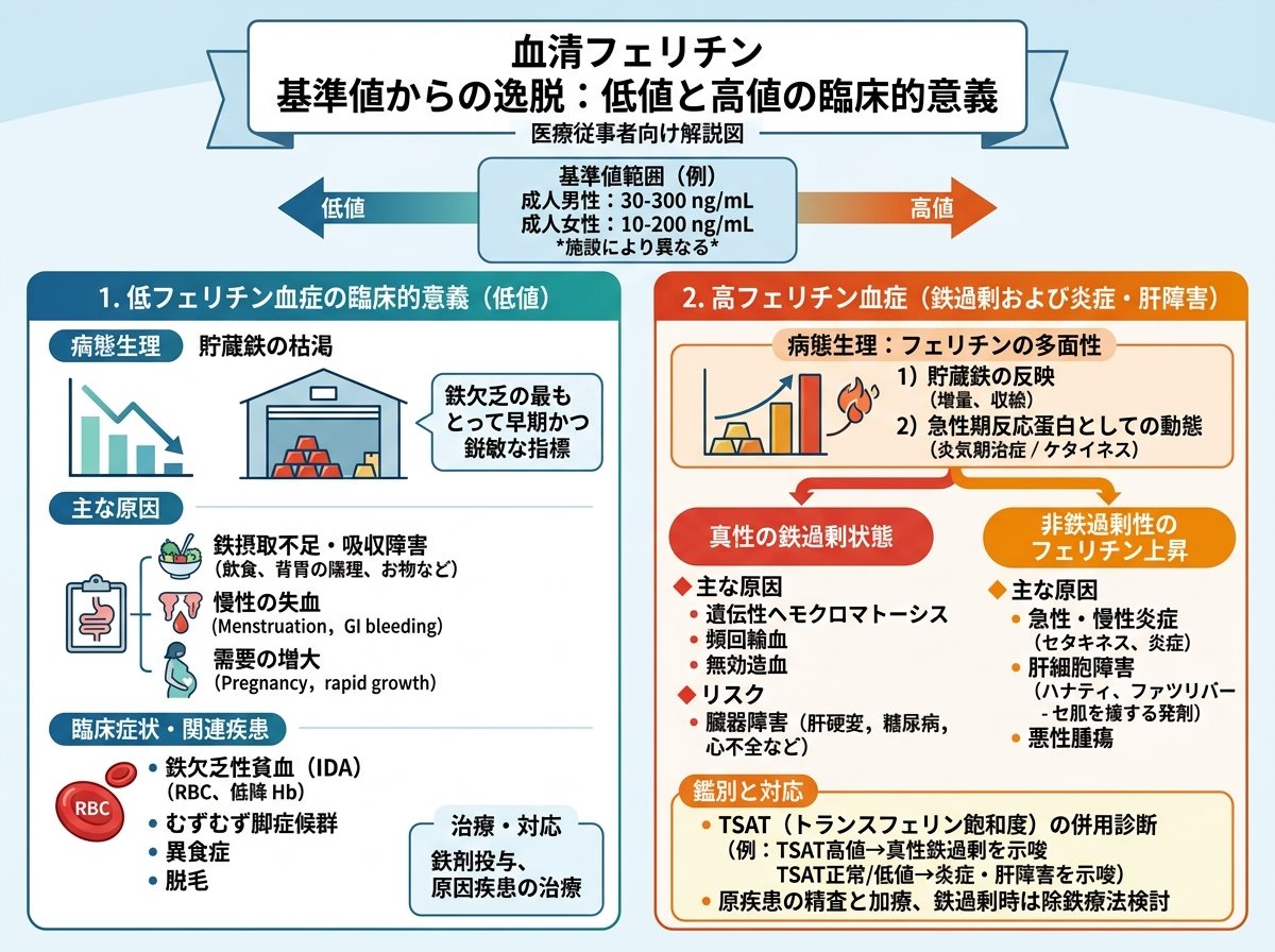 血清フェリチン 基準値からの逸脱：低値と高値の臨床的意義