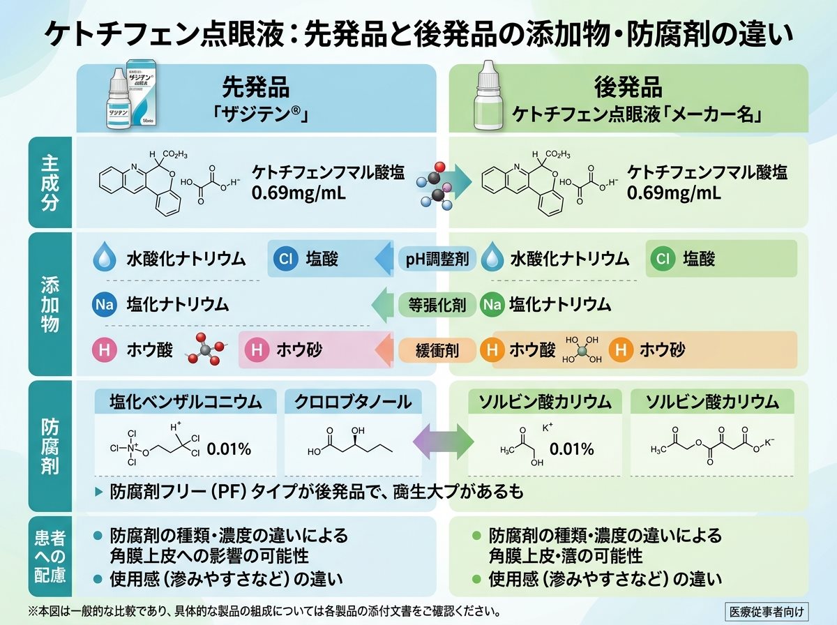 ケトチフェン点眼の先発品と後発品の添加物・防腐剤の違い