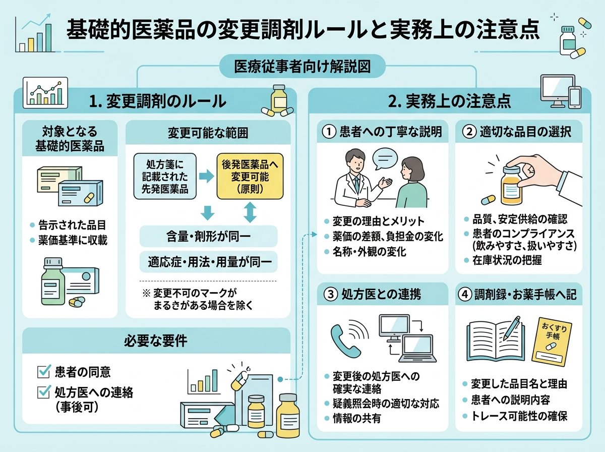 基礎的医薬品の変更調剤ルールと実務上の注意点