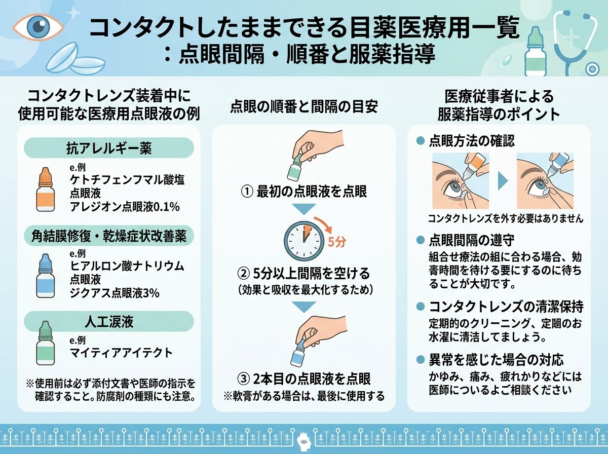 コンタクトしたままできる目薬医療用一覧：点眼間隔・順番と服薬指導