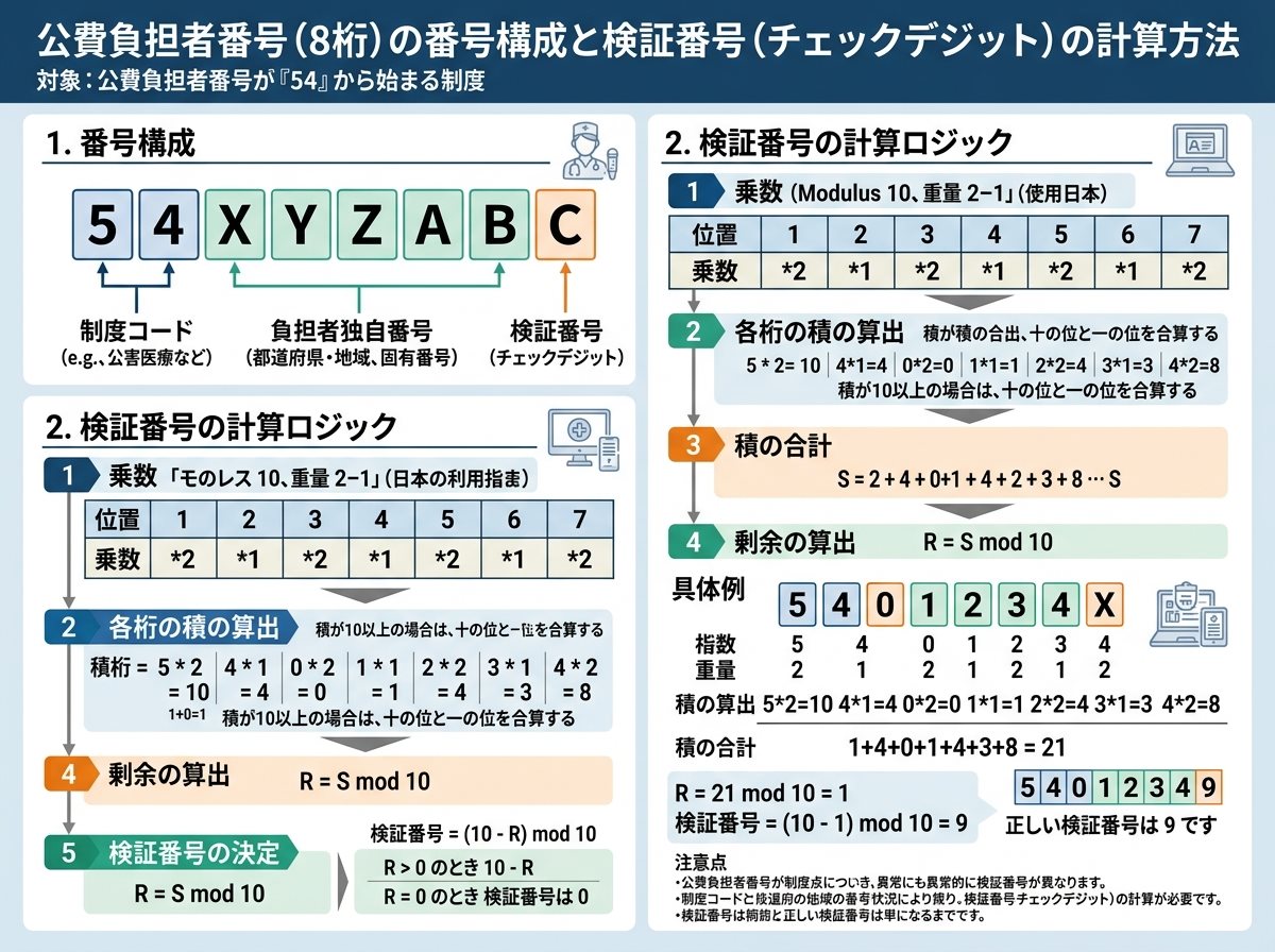 公費負担者番号 一覧 54 の番号構成と検証番号
