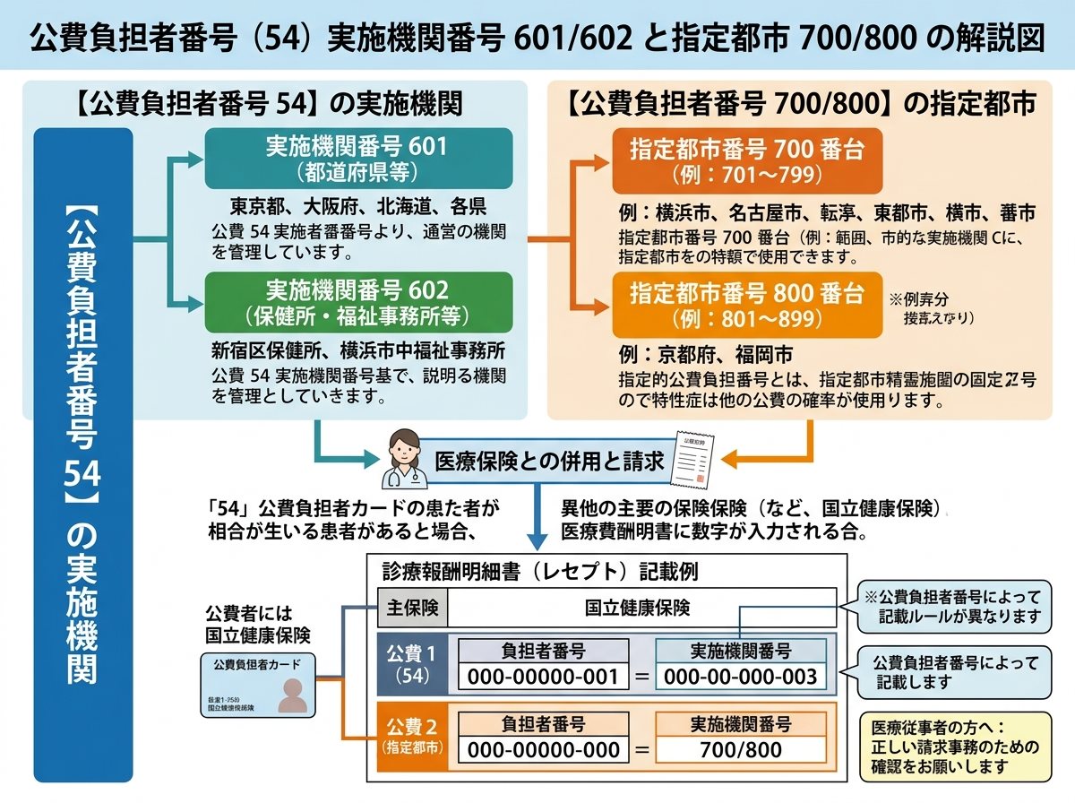 公費負担者番号 一覧 54 の実施機関番号 601/602 と指定都市 700/800