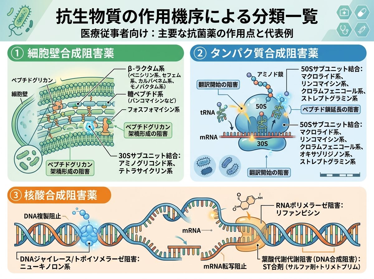 抗生物質種類一覧の作用機序（細胞壁合成阻害・タンパク合成阻害・核酸合成阻害）