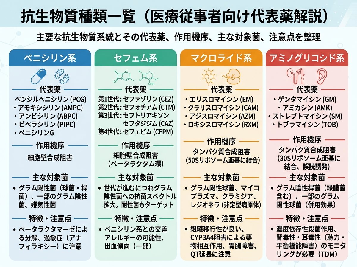 抗生物質種類一覧の代表薬（ペニシリン系・セフェム系・マクロライド系・アミノグリコシド系）