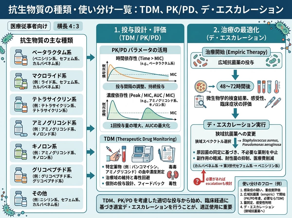 抗生物質種類一覧の使い分け（TDM・PK/PD・デ・エスカレーション）