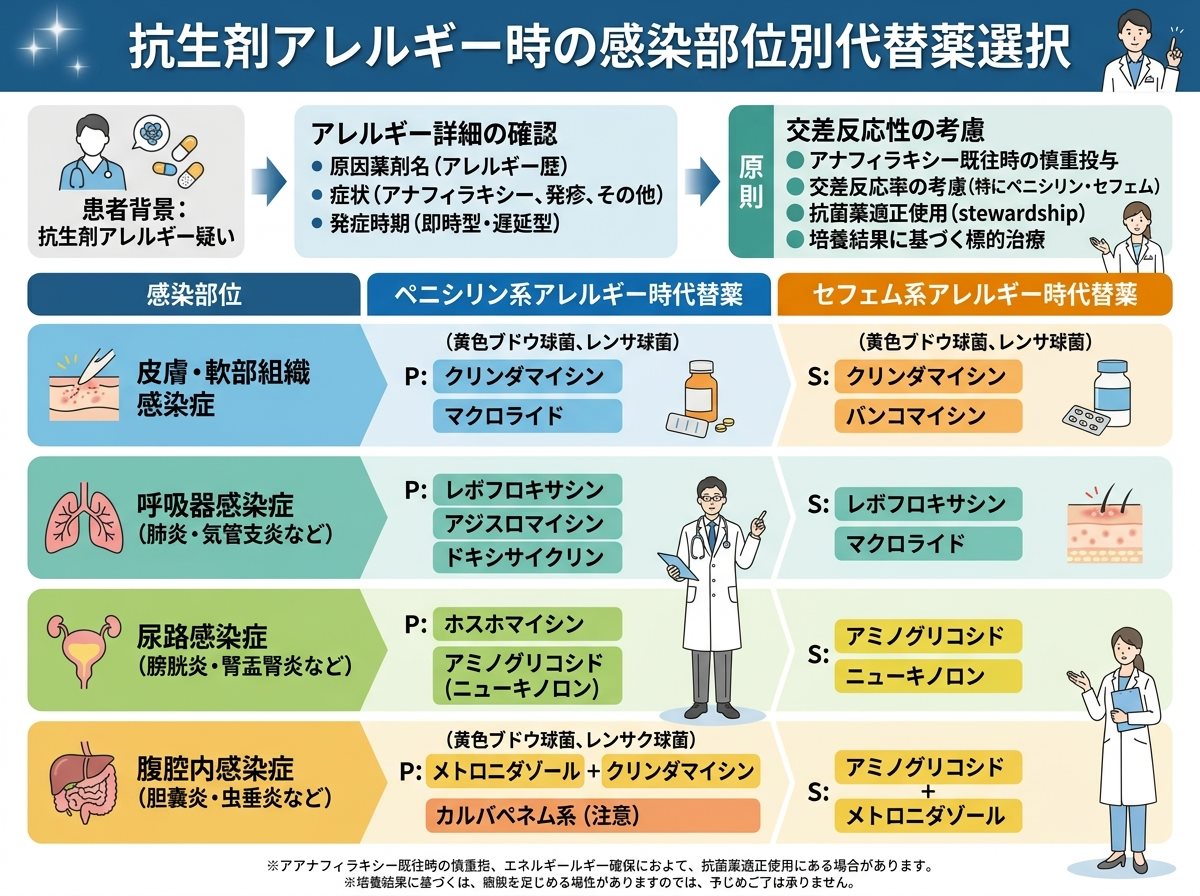 抗生剤アレルギー時の感染部位別代替薬選択