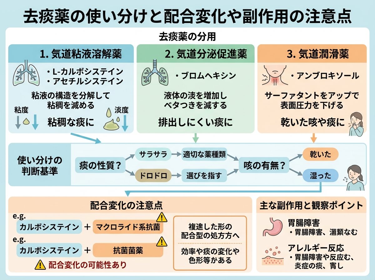 去痰薬の使い分けと配合変化や副作用の注意点