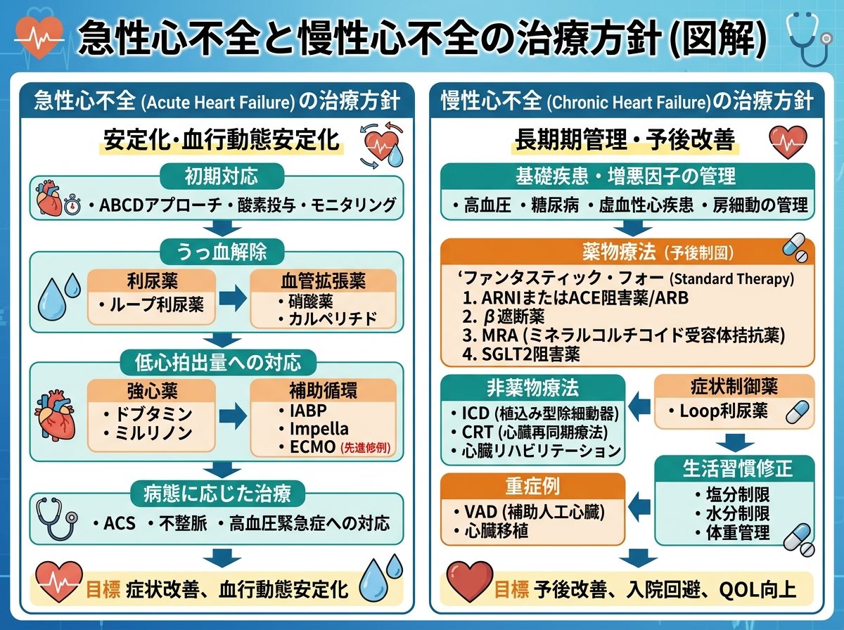 急性心不全と慢性心不全の治療方針