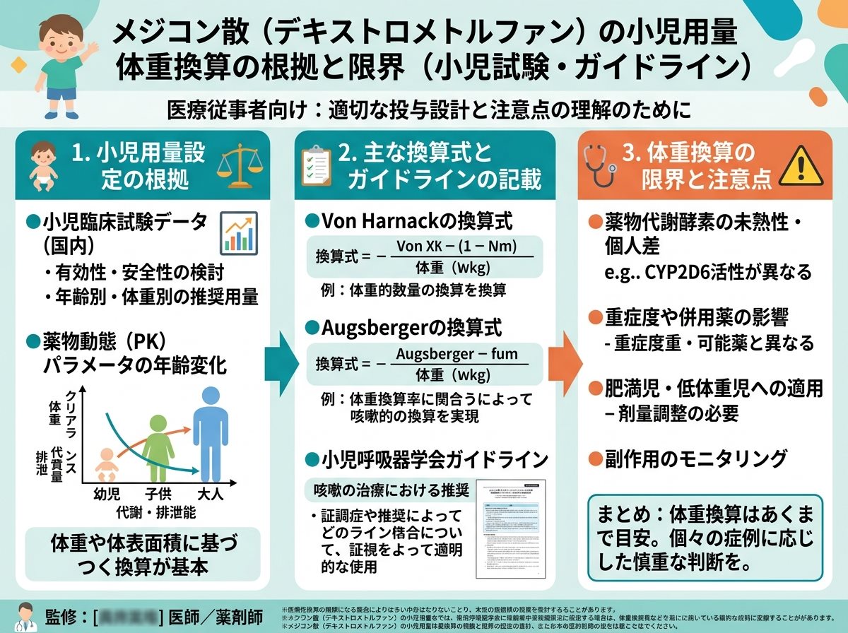 メジコン散の小児用量を体重換算する根拠と限界（小児試験・ガイドライン）