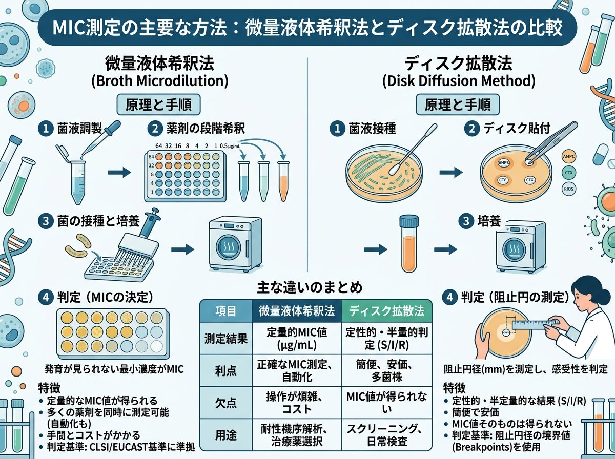 MIC測定の主要な方法、微量液体希釈法とディスク拡散法の違い