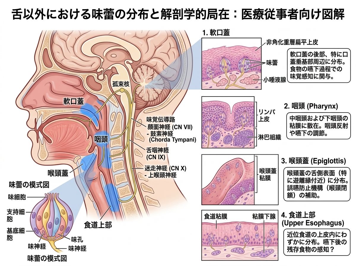 味蕾は舌以外のどこに分布しているか