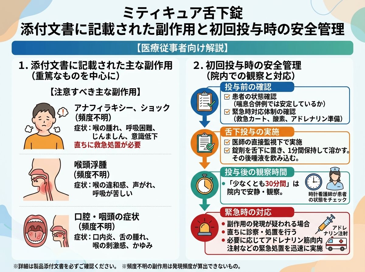 ミティキュア舌下錠 添付文書に記載された副作用と初回投与時の安全管理