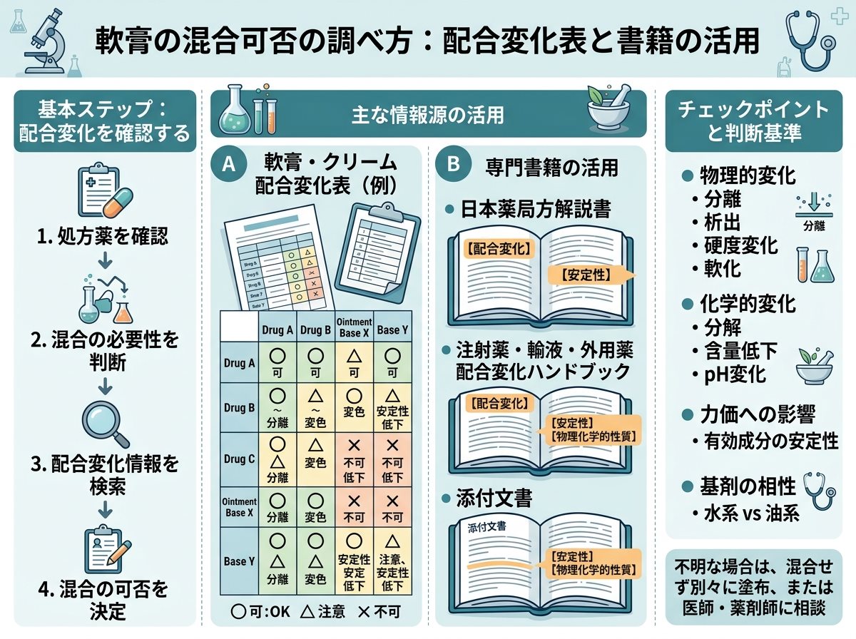 軟膏の混合可否の調べ方で役立つ配合変化表と書籍の活用