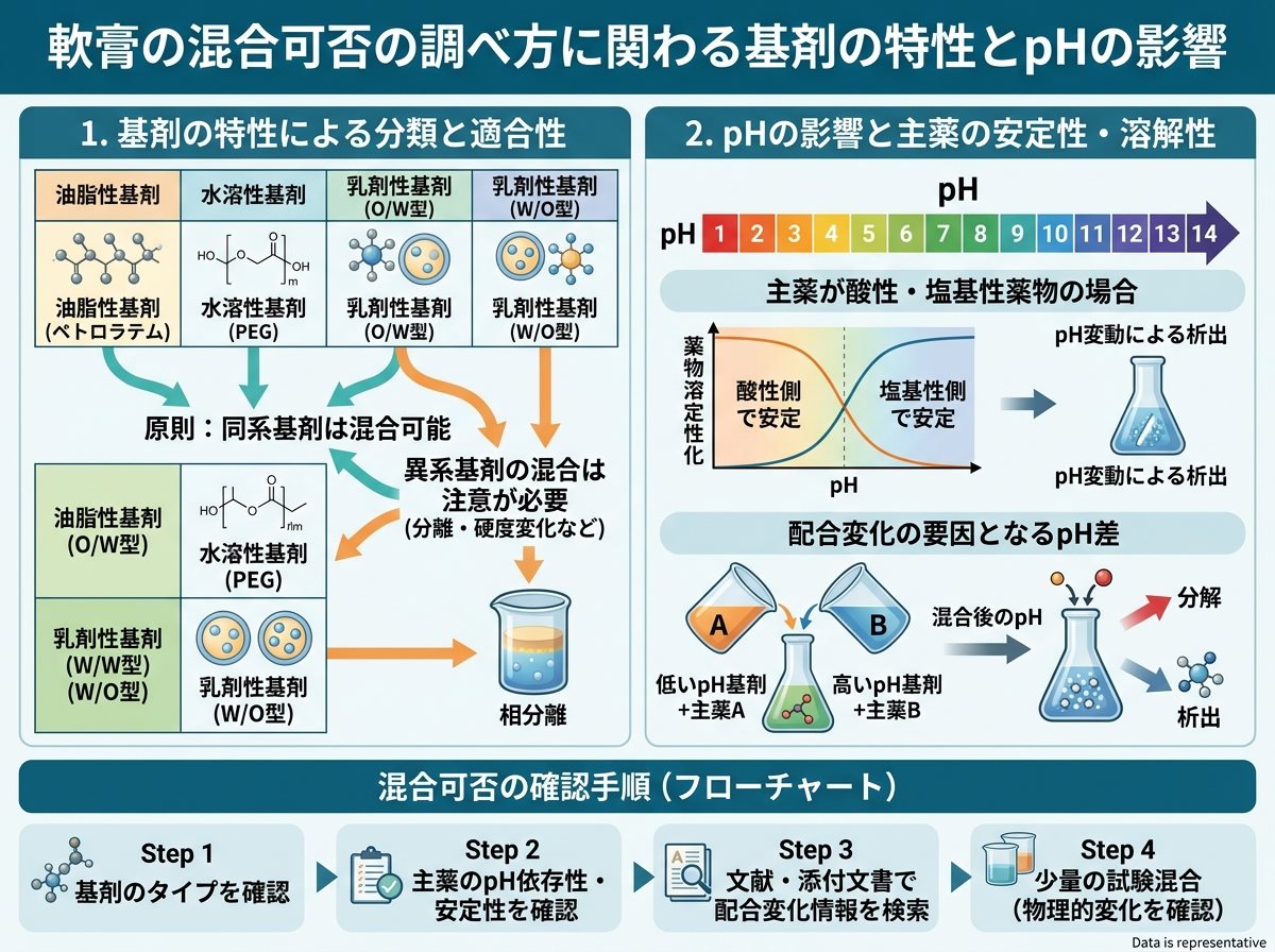 軟膏の混合可否の調べ方に関わる基剤の特性とpHの影響