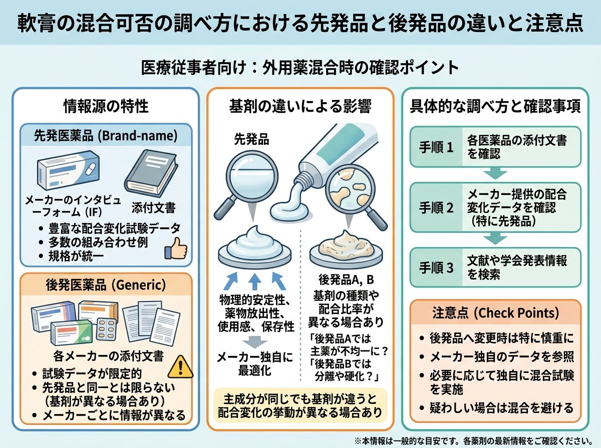 軟膏の混合可否の調べ方で注意すべき先発品と後発品の違い