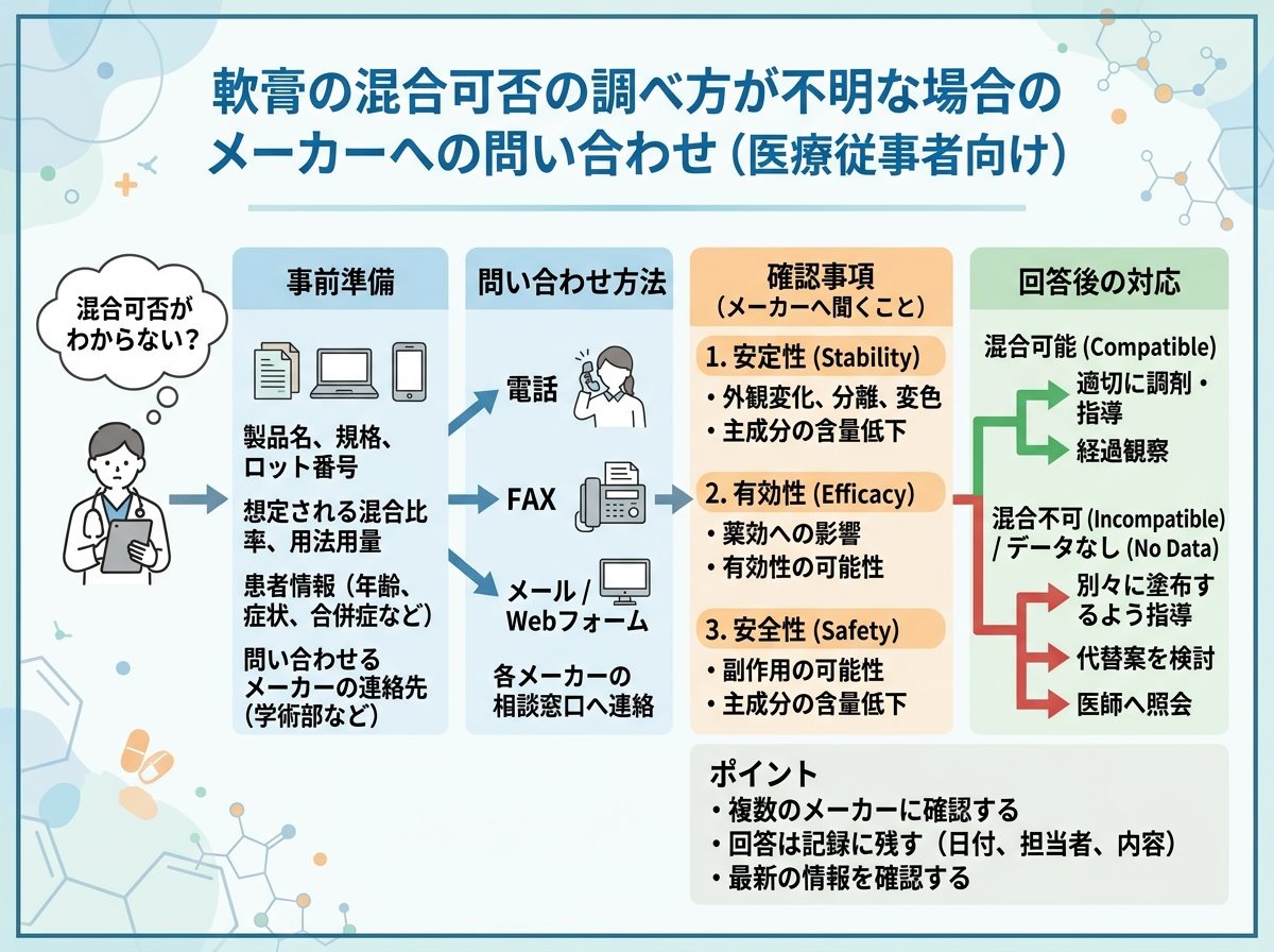 軟膏の混合可否の調べ方が不明な場合のメーカーへの問い合わせ