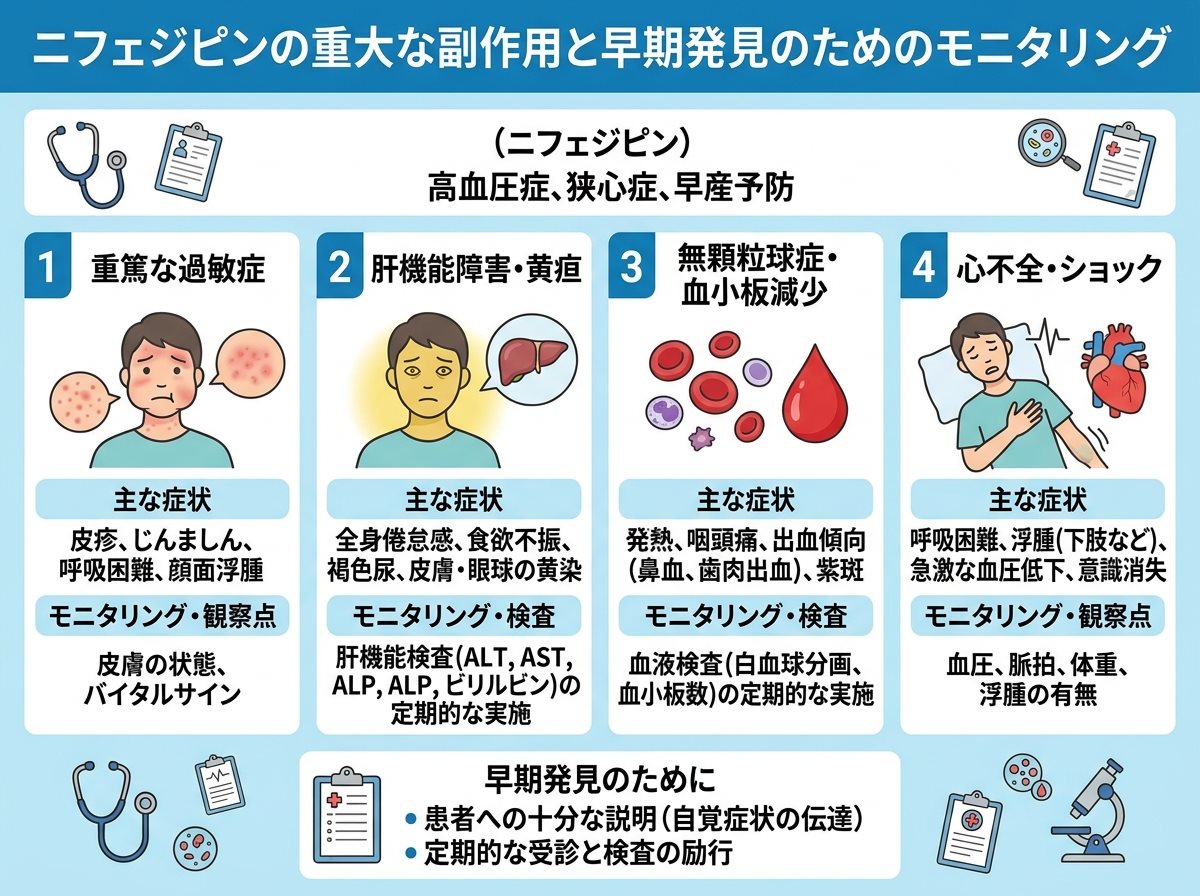 ニフェジピンの重大な副作用と早期発見のためのモニタリング