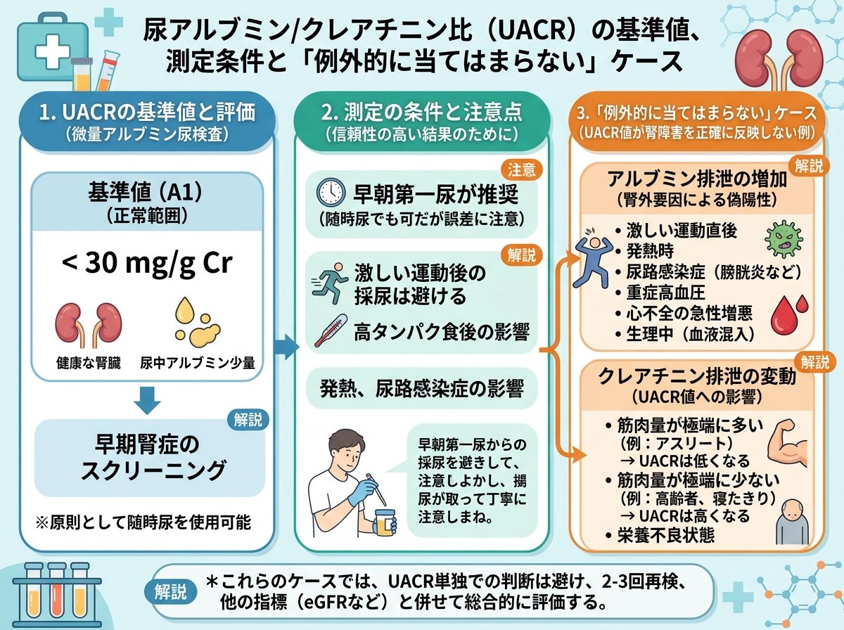 尿アルブミン クレアチニン比 基準値の測定条件と「例外的に当てはまらない」ケース