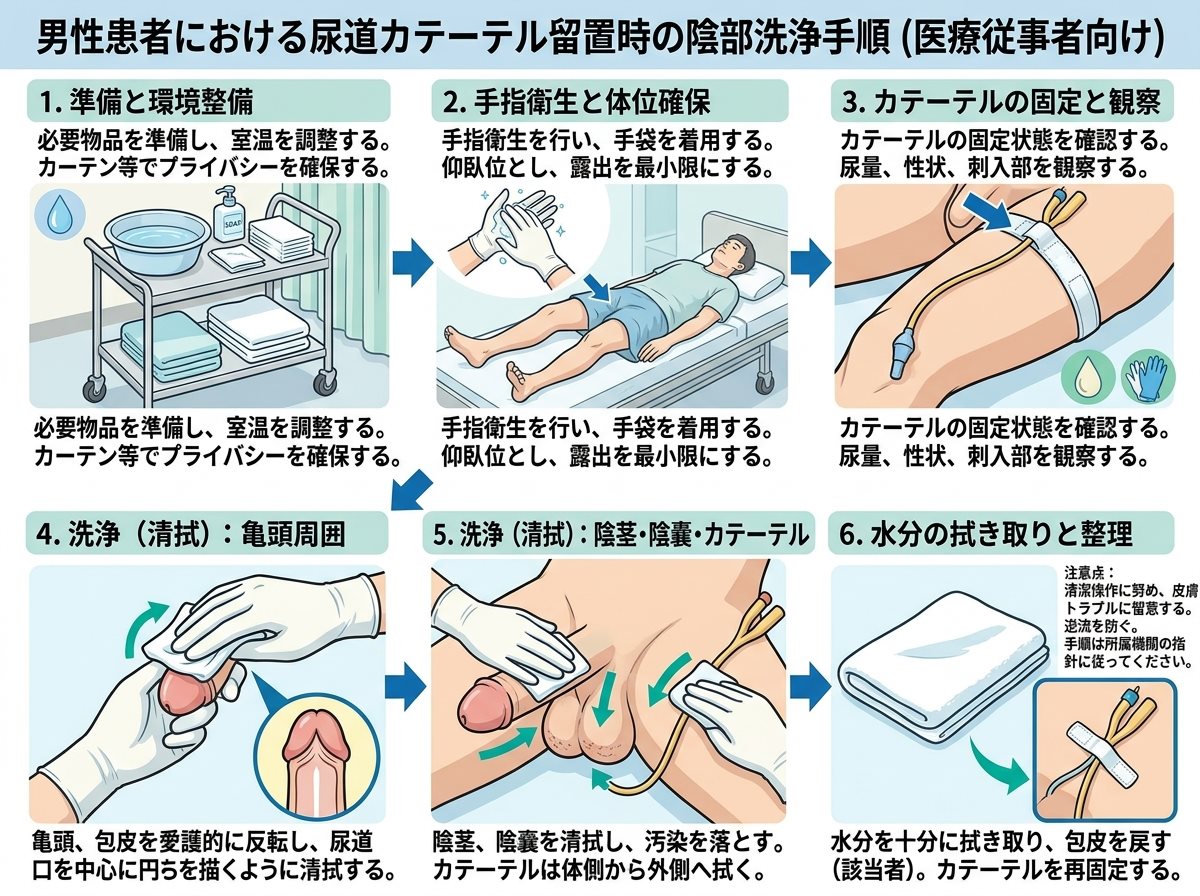 尿道カテーテル留置時の男性患者陰部洗浄手順