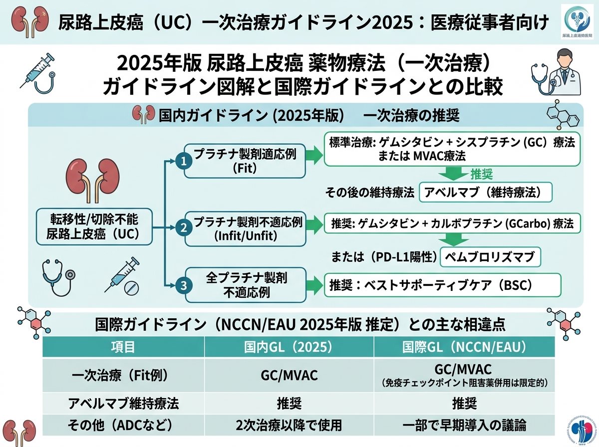 尿路上皮癌 ガイドライン 2025 の薬物療法（一次治療）と国際ガイドライン 2025