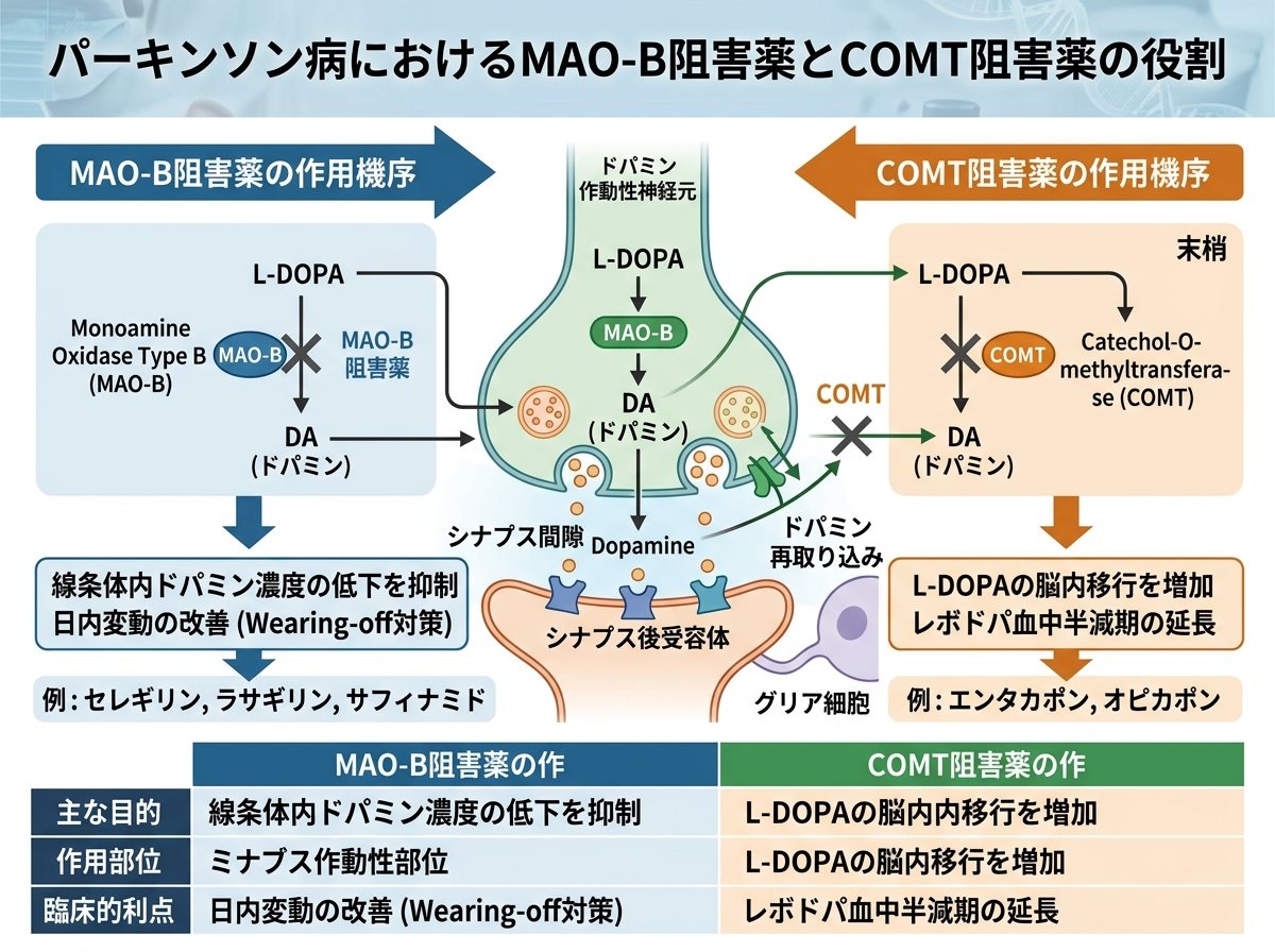 パーキンソン病MAO-B阻害薬とCOMT阻害薬の役割