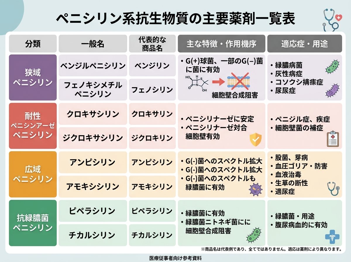ペニシリン系抗生物質の主要薬剤一覧表