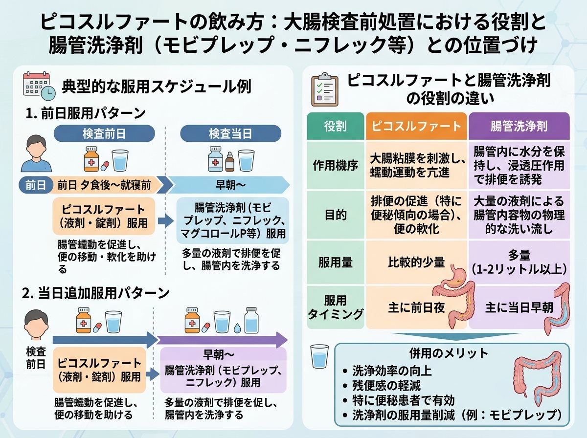 ピコスルファートの飲み方:大腸検査で併用される腸管洗浄剤(モビプレップ・ニフレック等)との位置づけ