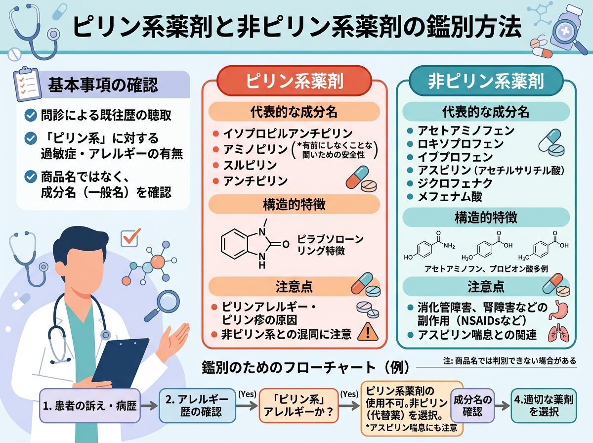 ピリン系薬剤と非ピリン系薬剤の鑑別方法