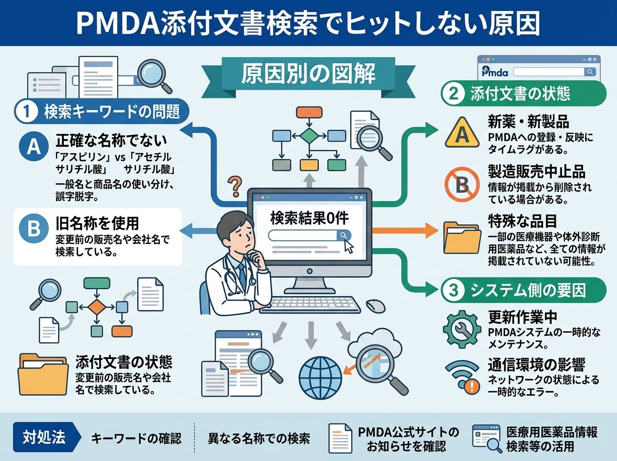 pmda 添付文書 検索でヒットしない原因